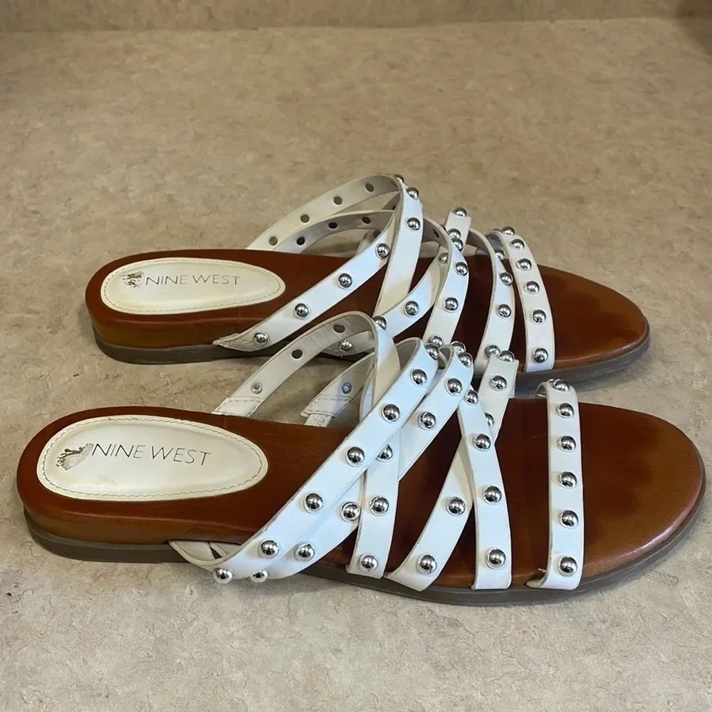 Nine West White‎ Studded Criss Cross FlatMule Sandals
